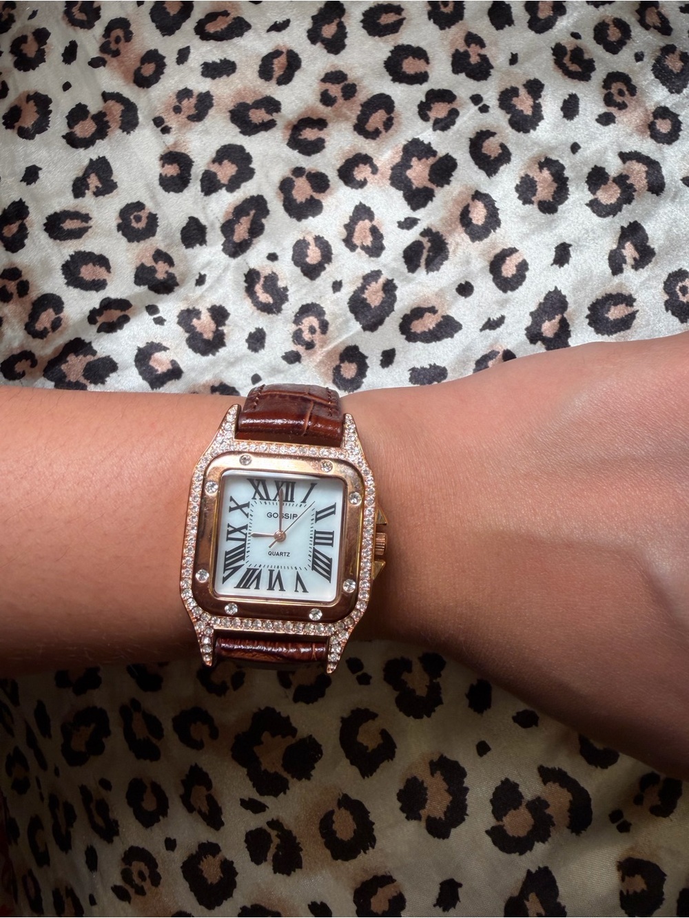 Gossip Women's Rhinestone Watch Rose Gold Leather Band Roman Numerals GSP751